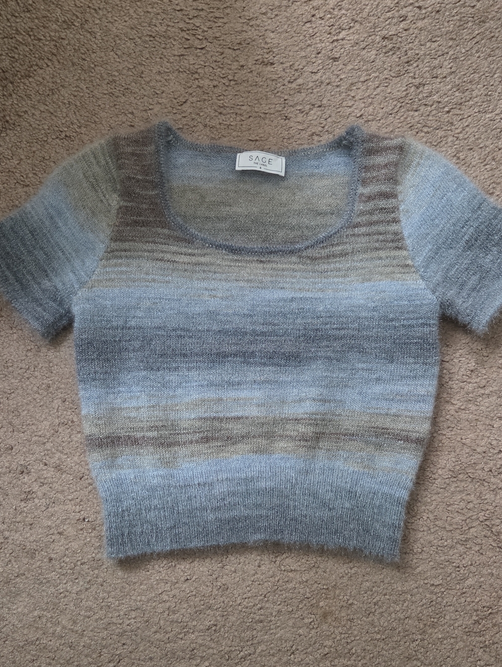 Sage Ombre Short-Sleeve Fuzzy Knit Crop Top in Blue and Taupe